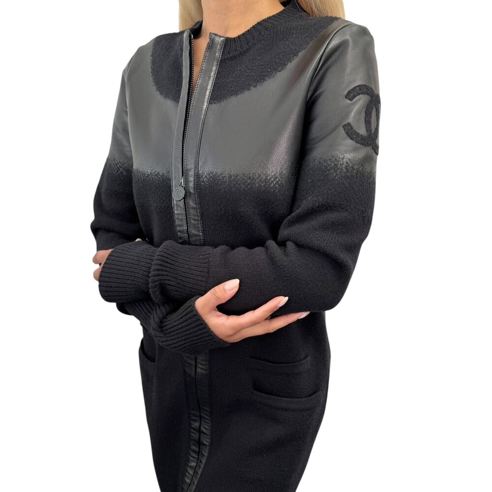 CHANEL Vintage P44562 CC Logo Lambskin Leather Knit Long Jacket #36 [106442]